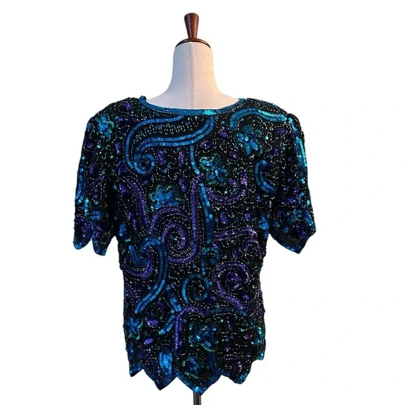 Laurence Kazar Top XL Blue Silk Blouse Sequined Beaded Vintage VTG 80s Scalloped - Picture 9 of 12